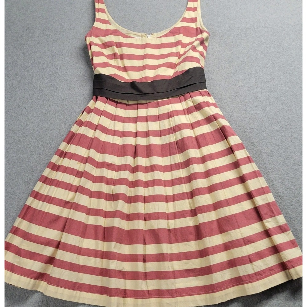 Corey Lynn Calter Striped Fit & Flare Dress Pink Cream Black Sash Pockets Size 8
